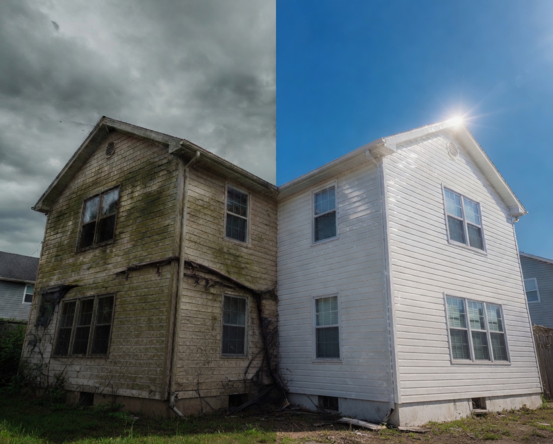 Before and after pressure washing of a home in Ventura County